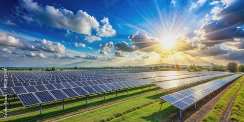 Solar farm under sunny blue sky. Green energy for sustainable , solar farm, sunny, blue sky, green energy