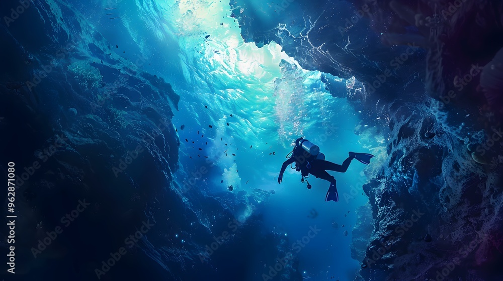 Scuba Diver Exploring Underwater Cave in the Ocean Scuba Diver Exploring Underwater Cave in the Ocean