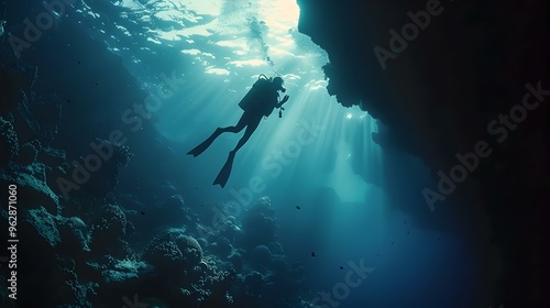 Silhouette of a Diver in the Ocean's Depths