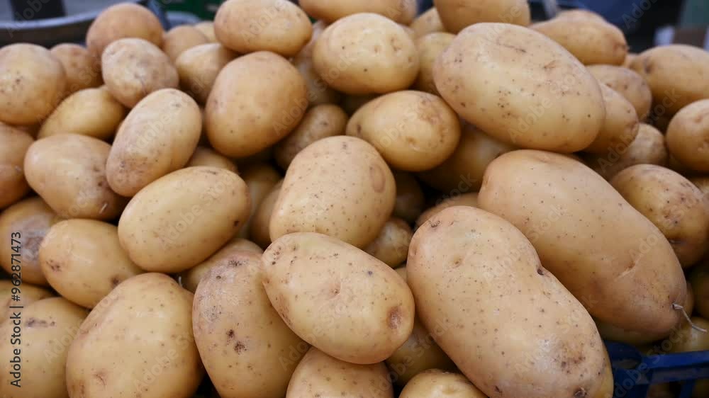 Potatoes for sale at vegetable market, close up. Fresh potato at the greengrocer's stall. Potatoes for sale at vegetable market, close up. Fresh potato at the greengrocer's stall.
