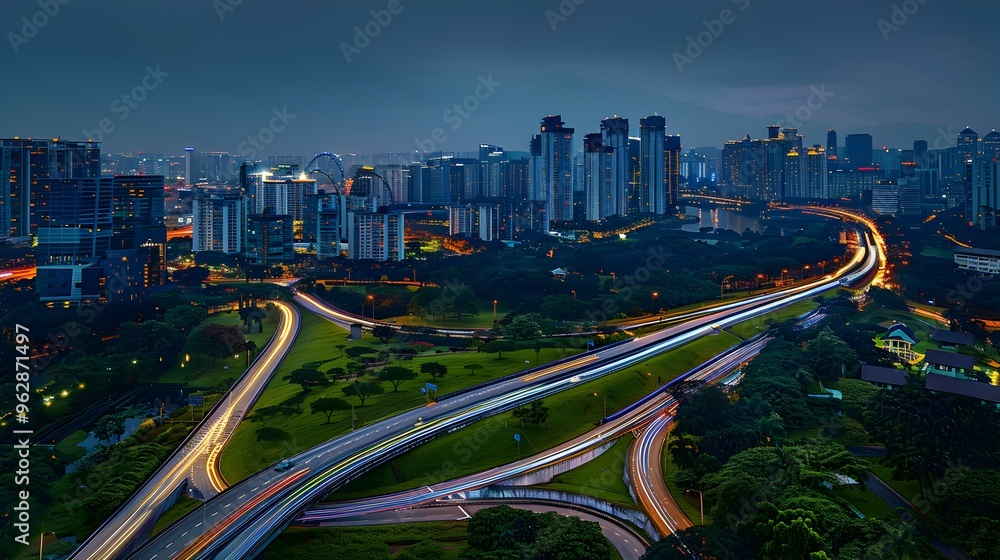 Fototapeta premium Night Cityscape with Highway and Light Trails