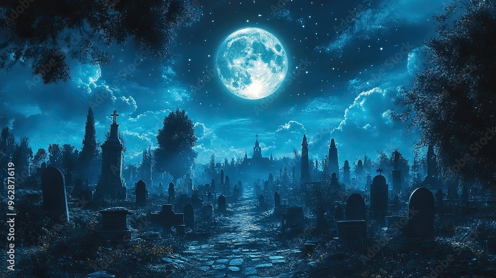 A cemetery filled with animated skeletons dancing under the moonlight A cemetery filled with animated skeletons dancing under the moonlight