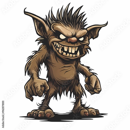 A cartoon illustration of a brown goblin with a mischievous grin and pointed ears.