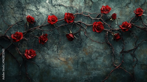 A vine of blood red roses with sharp thorns and curly branches, symbolizing love and pain.