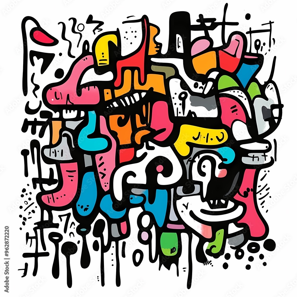 Obraz premium Abstract colorful doodle art with various shapes, lines, and patterns on a white background.