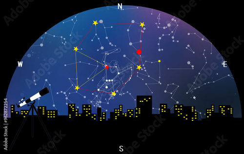 冬の星座　ビル群と冬の大三角形と冬のダイヤモンド