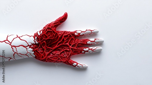 a colored pencil drawing of a broken arm with red line decoration on a red background photo