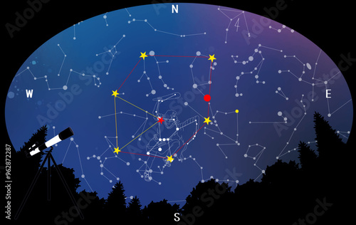 冬の星座　森の夜空と冬の大三角形と冬のダイヤモンド