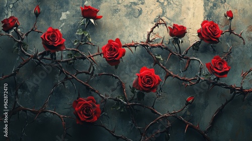 Fototapeta Naklejka Na Ścianę i Meble -  A vine of blood red roses with sharp thorns and curly branches, symbolizing love and pain.