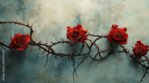 A vine of blood red roses with sharp thorns and curly branches, symbolizing love and pain.