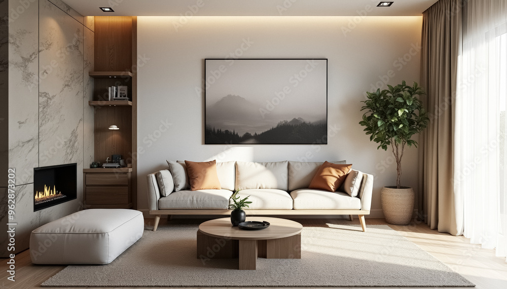 © Rysak - Cozy Living Room with Minimalist Decor and Mountain View © Rysak - Cozy Living Room with Minimalist Decor and Mountain View