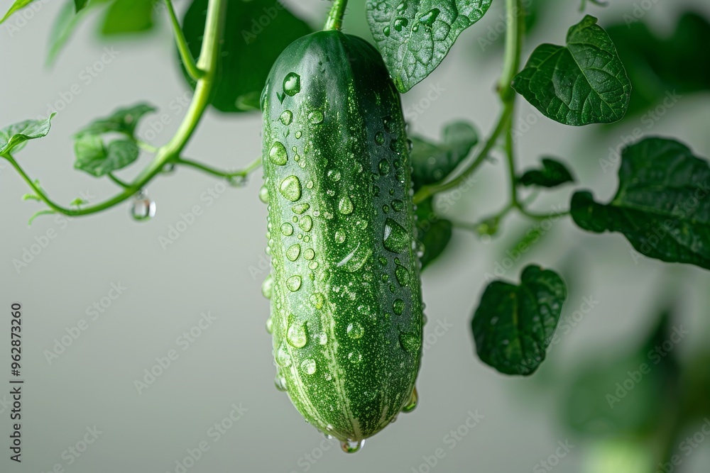 Cucumber and half slices suspended in the air with green leaves with water. Generative AI Cucumber and half slices suspended in the air with green leaves with water. Generative AI