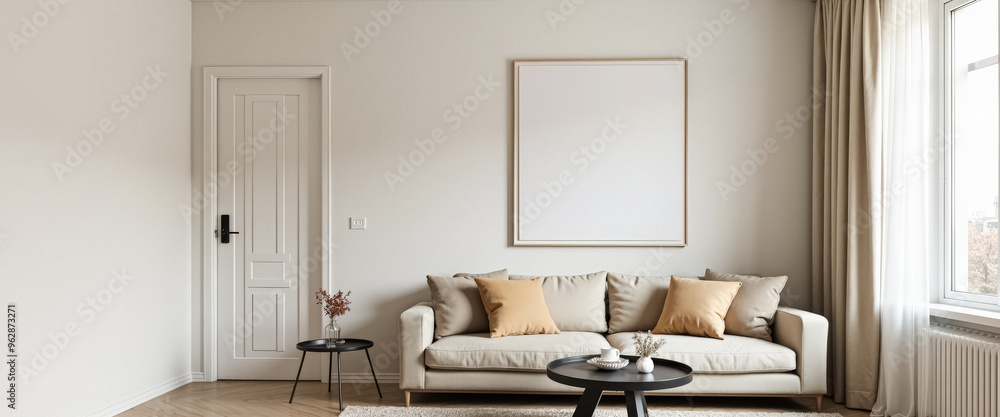 Minimalist living room with beige couch and a large empty frame Minimalist living room with beige couch and a large empty frame