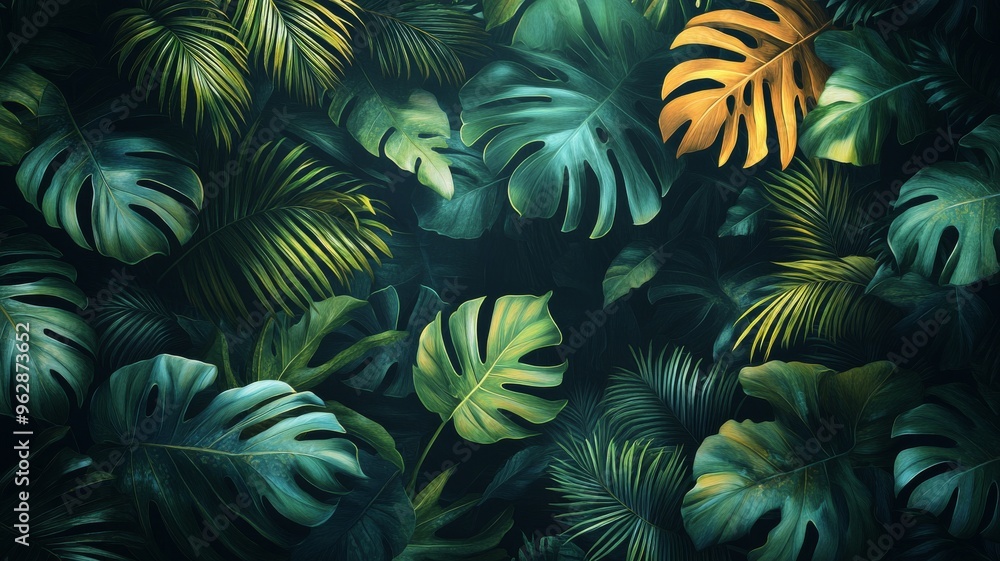A background featuring lush tropical leaves, palm fronds, and exotic plants. Generative AI A background featuring lush tropical leaves, palm fronds, and exotic plants. Generative AI