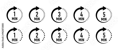 Clock, stopwatch, cooking time label. Cooking time vector. Minutes clock quick number icon. 1-5 min time circle icon