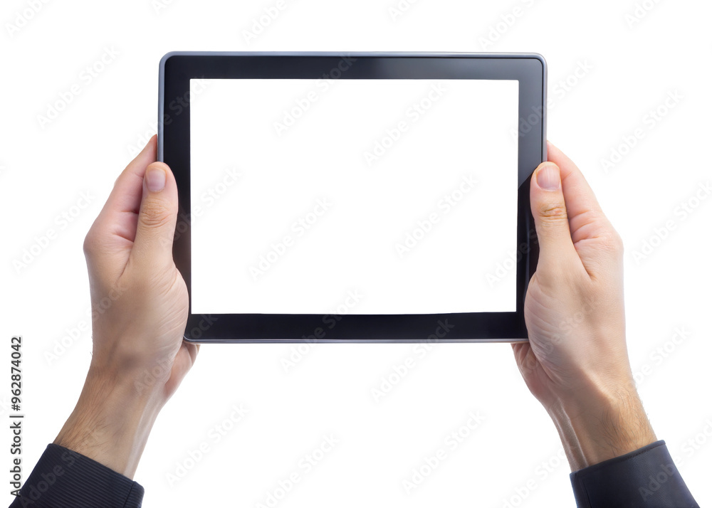 hands holding black digital tablet Mockup with white screen cut out. isolated on transparent background. Copy space. hands holding black digital tablet Mockup with white screen cut out. isolated on transparent background. Copy space.