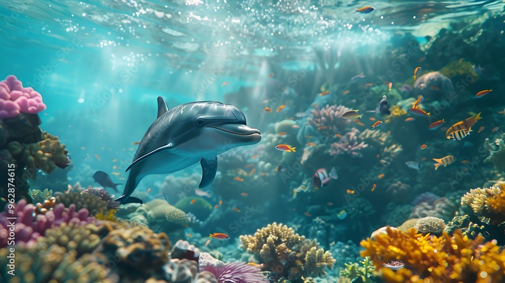 Fototapeta premium Dolphin Swimming Through Coral Reef Underwater
