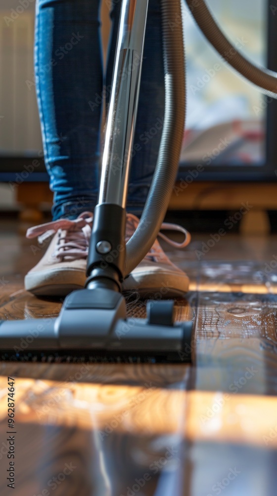 Close-up photo of someone in sneakers using a vacuum on a wooden floor, captured from a low angle focusing on feet and the vacuum. Close-up photo of someone in sneakers using a vacuum on a wooden floor, captured from a low angle focusing on feet and the vacuum.