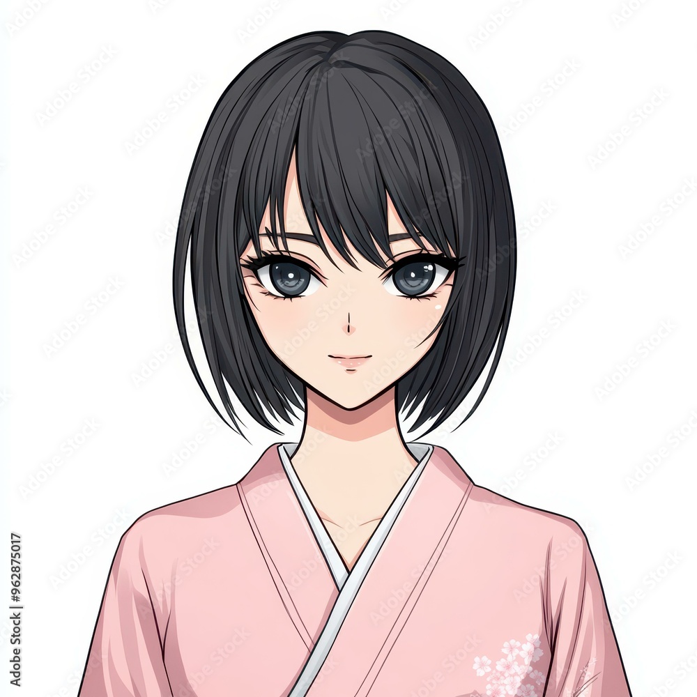 A simple digital sketch features a character with short hair, dark eyes, and a pink kimono adorned with cherry blossoms. A simple digital sketch features a character with short hair, dark eyes, and a pink kimono adorned with cherry blossoms.
