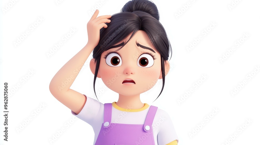 A cute, excited girl in casual purple overalls, showing a confused expression while playfully touching her head. A cute, excited girl in casual purple overalls, showing a confused expression while playfully touching her head.