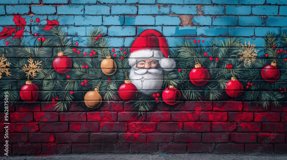Fototapeta premium A mural of Santa Claus surrounded by pine branches, red and gold ornaments, and berries on a red and blue brick wall, creating a joyful and festive street art scene for the holidays