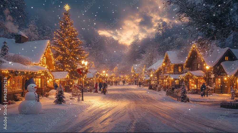 Winter Wonderland: A magical snow-covered village bathed in warm, golden light. The scene is alive with twinkling Christmas lights, a majestic Christmas tree, and a cheerful snowman. Winter Wonderland: A magical snow-covered village bathed in warm, golden light. The scene is alive with twinkling Christmas lights, a majestic Christmas tree, and a cheerful snowman.