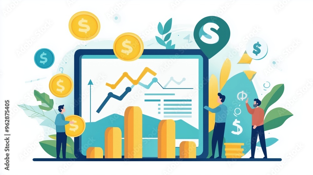 Financial investments, returns on investment business management growth concept marketing money analysis for landing page website, social media, presentation, banner, book, poster vector illustration Financial investments, returns on investment business management growth concept marketing money analysis for landing page website, social media, presentation, banner, book, poster vector illustration