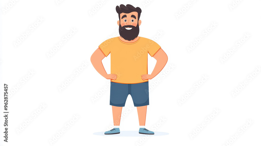 Cheerful cartoon man with a beard stands confidently, showcasing a summer outfit in a vibrant, flat vector style. Cheerful cartoon man with a beard stands confidently, showcasing a summer outfit in a vibrant, flat vector style.