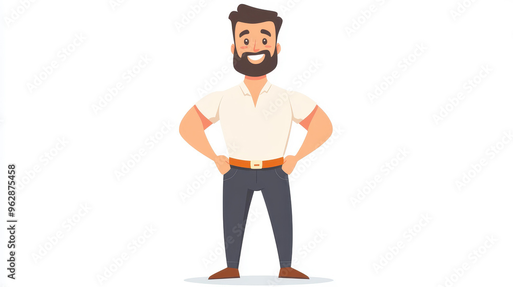 Bright and cheerful cartoon of a smiling man in a summer outfit, showcasing confidence with hands on hips. Bright and cheerful cartoon of a smiling man in a summer outfit, showcasing confidence with hands on hips.