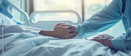 A doctor comforts a patient in a warmly lit hospital room. The scene exudes compassion with gentle gestures, portraying care and reassurance. photo