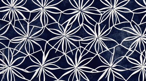 A detailed digital rendering of a traditional Japanese fabric pattern showcasing intricate geometric (hemp leaf) designs in deep indigo and white, perfect for modern textiles.