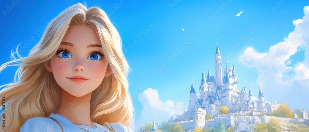 A charming blonde girl poses in front of a whimsical castle, her blue eyes sparkling under a bright sky filled with soft clouds. A charming blonde girl poses in front of a whimsical castle, her blue eyes sparkling under a bright sky filled with soft clouds.