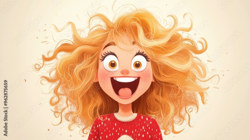 A cute cartoon character with curly blonde hair beams with joy, spreading happiness wherever they go A cute cartoon character with curly blonde hair beams with joy, spreading happiness wherever they go