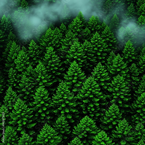 Aerial view of dense green pine forest with mist hovering above trees, showcasing the beauty of nature's tranquility. photo