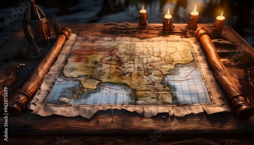A tattered map showing the location of a haunted treasure, pinned to a wooden board