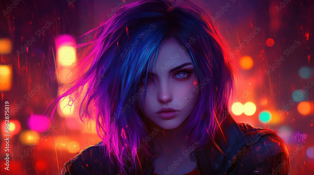 A striking woman in cyberpunk style with vibrant purple and blue hair poses against a neonlit cityscape. A striking woman in cyberpunk style with vibrant purple and blue hair poses against a neonlit cityscape.