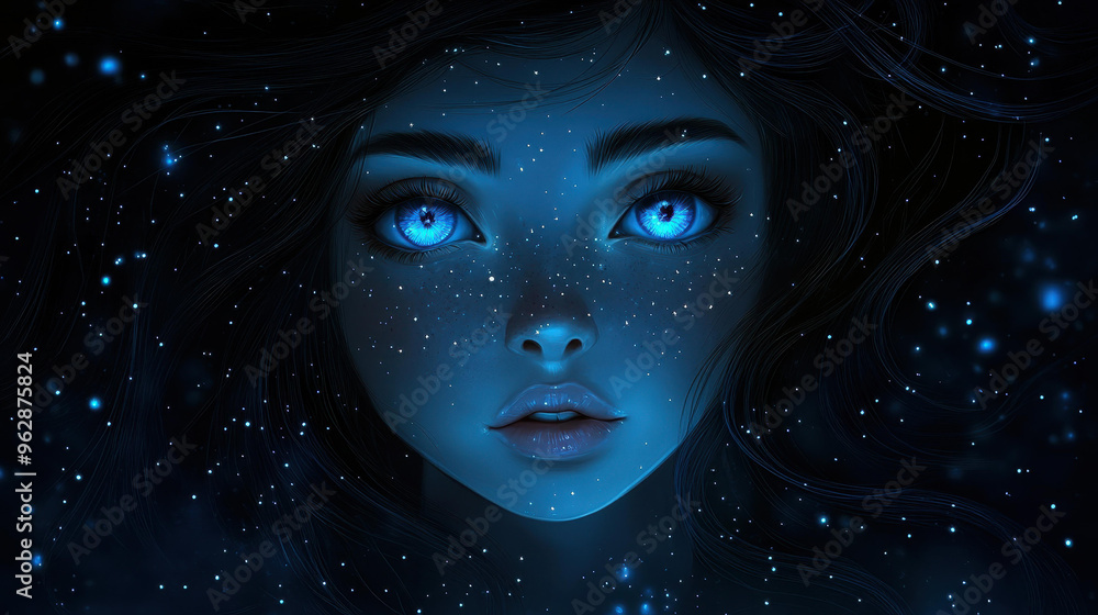 A stunning cartoon girl in space, with glowing attire, wavy brown hair, and bright blue eyes, surrounded by twinkling stars. A stunning cartoon girl in space, with glowing attire, wavy brown hair, and bright blue eyes, surrounded by twinkling stars.