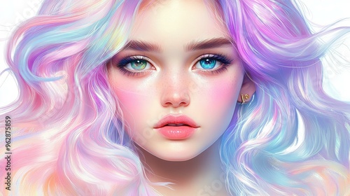 A young woman blends realism and manga in her features, with pastel hair and gentle expressions against a white backdrop.