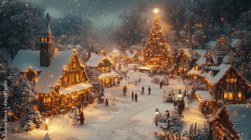 A quaint village square covered in snow, with small shops, a Christmas tree, and festive lights. People enjoying the holiday atmosphere and a cheerful snowman A quaint village square covered in snow, with small shops, a Christmas tree, and festive lights. People enjoying the holiday atmosphere and a cheerful snowman