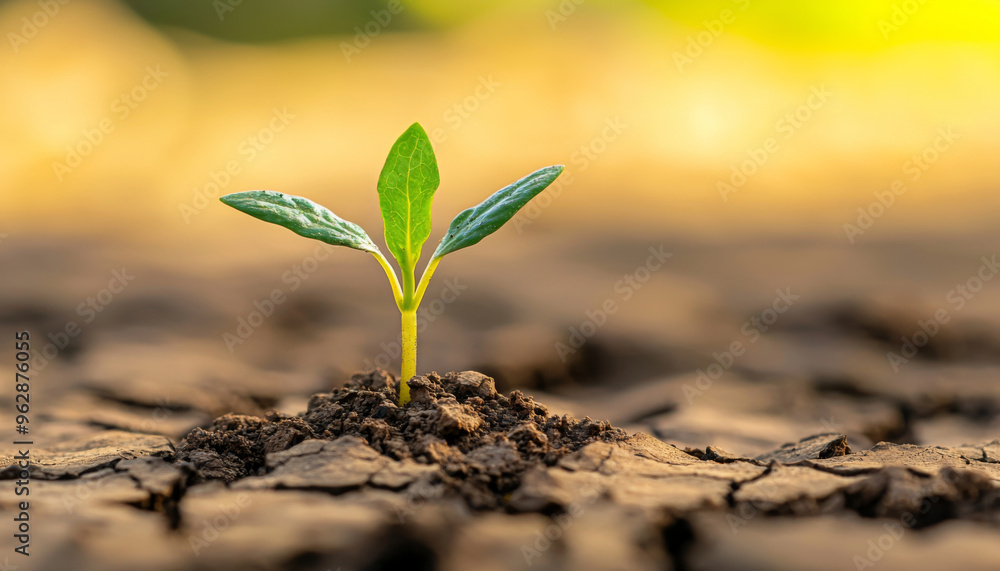 A young plant emerges from dry soil, symbolizing hope and resilience in challenging environments. A young plant emerges from dry soil, symbolizing hope and resilience in challenging environments.
