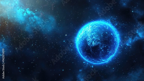 Abstract illustration of a glowing blue globe with an atmospheric background in a creative line art style