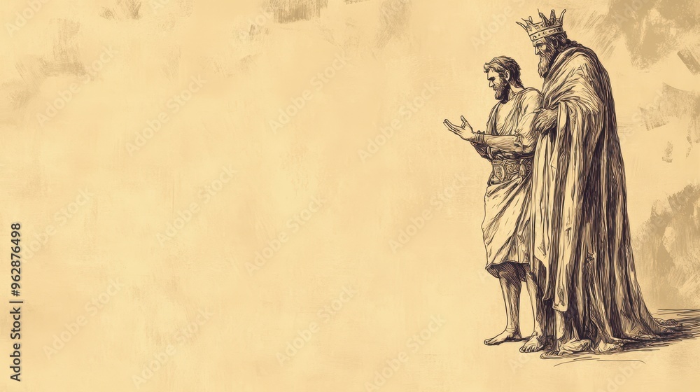 Fototapeta premium Calmness Overcoming Wrath: A Wise Servant Faces an Angry King, Symbolizing Peaceful Resolution in Ecclesiastes