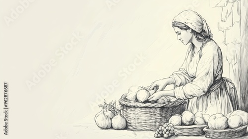 Virtuous Wife from Proverbs Working Diligently in Marketplace Scene, A Perfect Biblical Illustration for Family and Work Ethics
