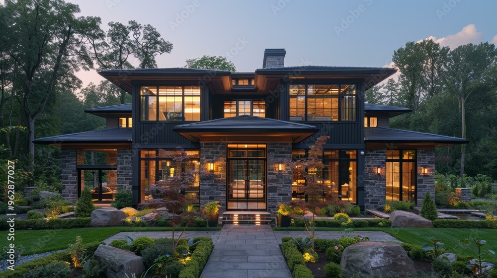 Modern Luxury Home with Stone Facade and Landscaped Garden Modern Luxury Home with Stone Facade and Landscaped Garden