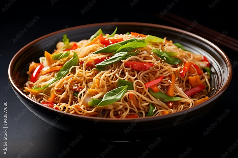 Asian noodles with vegetables and mushrooms in a bowl on a black background Asian noodles with vegetables and mushrooms in a bowl on a black background