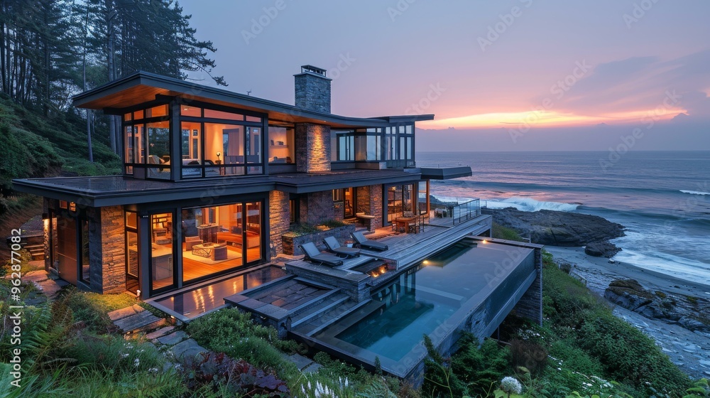 Fototapeta premium Stunning Modern Home with Infinity Pool and Ocean Views