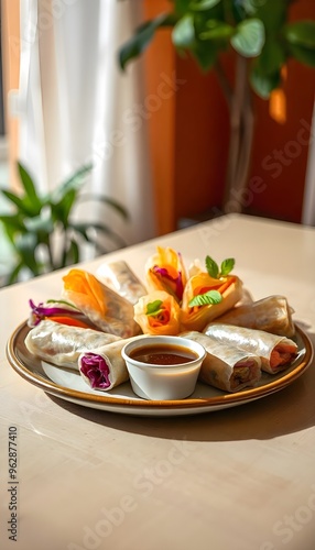 A beautifully arranged plate of vibrant spring rolls placed on a beige table. The spring rolls are filled with colorful vegetables like carrots, purple cabbage, and lettuce, wrapped in thin rice paper