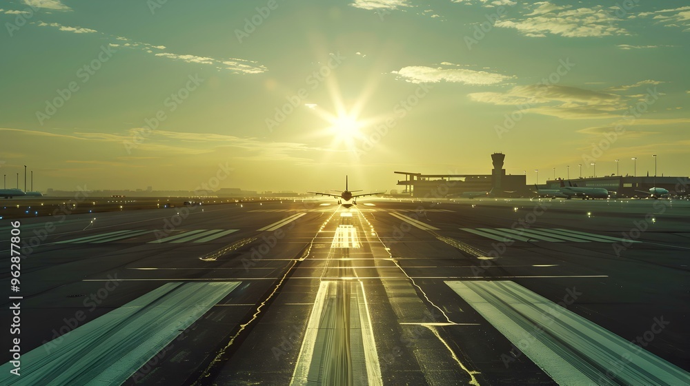 Obraz premium Airplane Taking Off at Sunset Airport Runway Photography