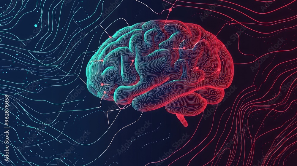 Line art illustration of a human brain with electrical impulses depicting a scientific background in a three dimensional design Line art illustration of a human brain with electrical impulses depicting a scientific background in a three dimensional design
