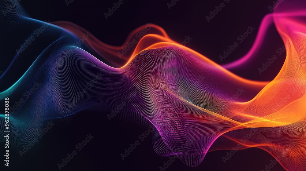 Abstract line art featuring smooth multicolored lines on a dark backdrop serving as a design element with a soft and fluid appearance Abstract line art featuring smooth multicolored lines on a dark backdrop serving as a design element with a soft and fluid appearance